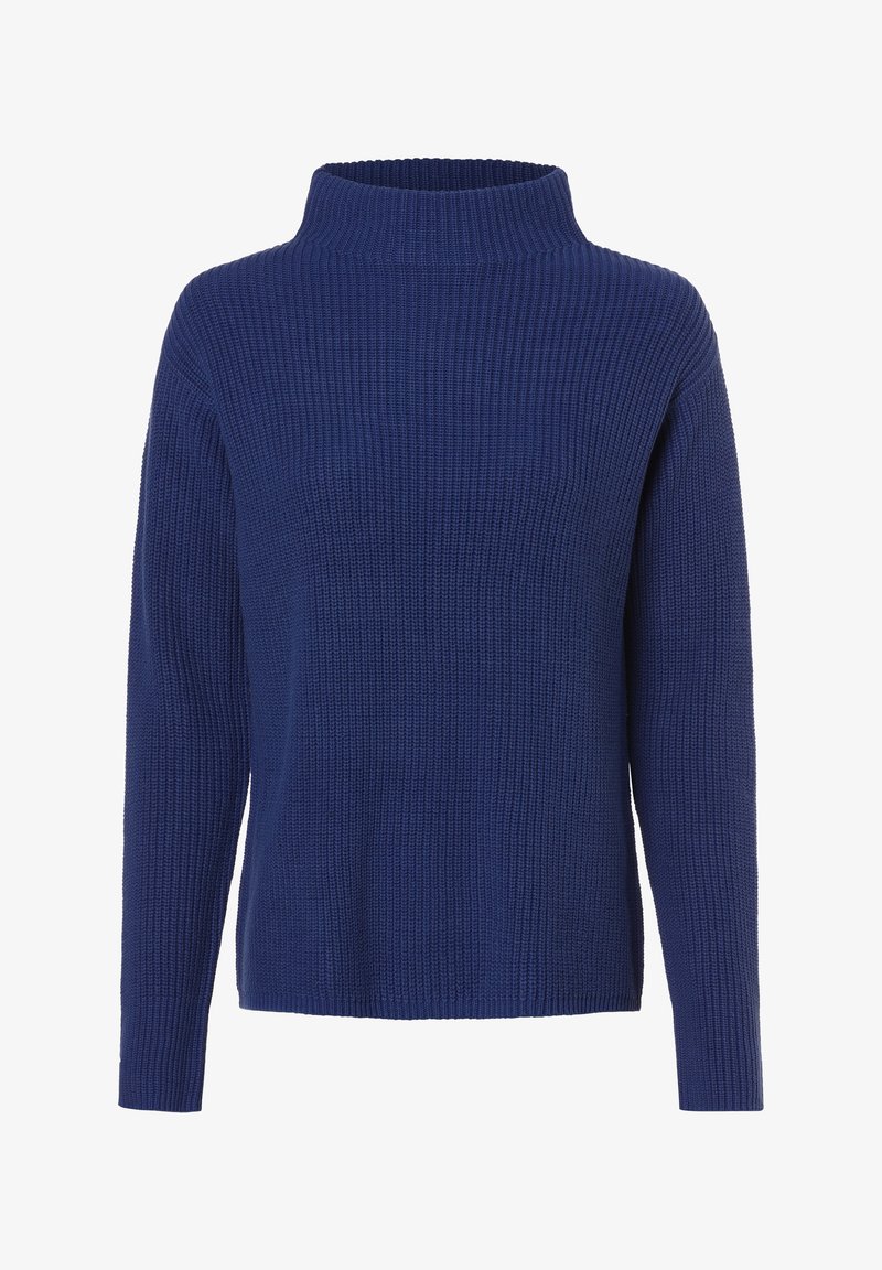 Laivastonsininen ribbineulottu paita, jossa on korkea kaulus ja pitkät hihat. Löysä istuvuus ja teksturoitu materiaali lisäävät lämpöä.