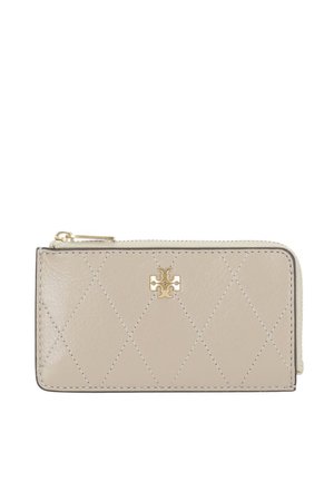 Portafoglio beige in pelle con zip, motivo a punto diamante e piccolo emblema del logo dorato centrato sul davanti.