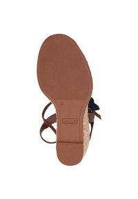 Sandal espadriglia marrone con suola in juta intrecciata e sottosuola in gomma, caratterizzata da un design a strap e un fiocco di accentuazione blu. Misura 37.