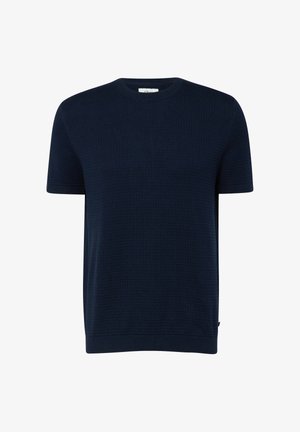 Marineblauer kurzärmeliger Strickpullover mit Rundhalsausschnitt sowie gerippten Bündchen an Ärmeln und Saum.