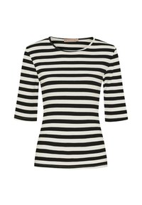 Sort og hvid stribet T-shirt med rund halsudskæring og halvlange ærmer. Lavet af et ribbet stof med synlige syningsdetaljer.