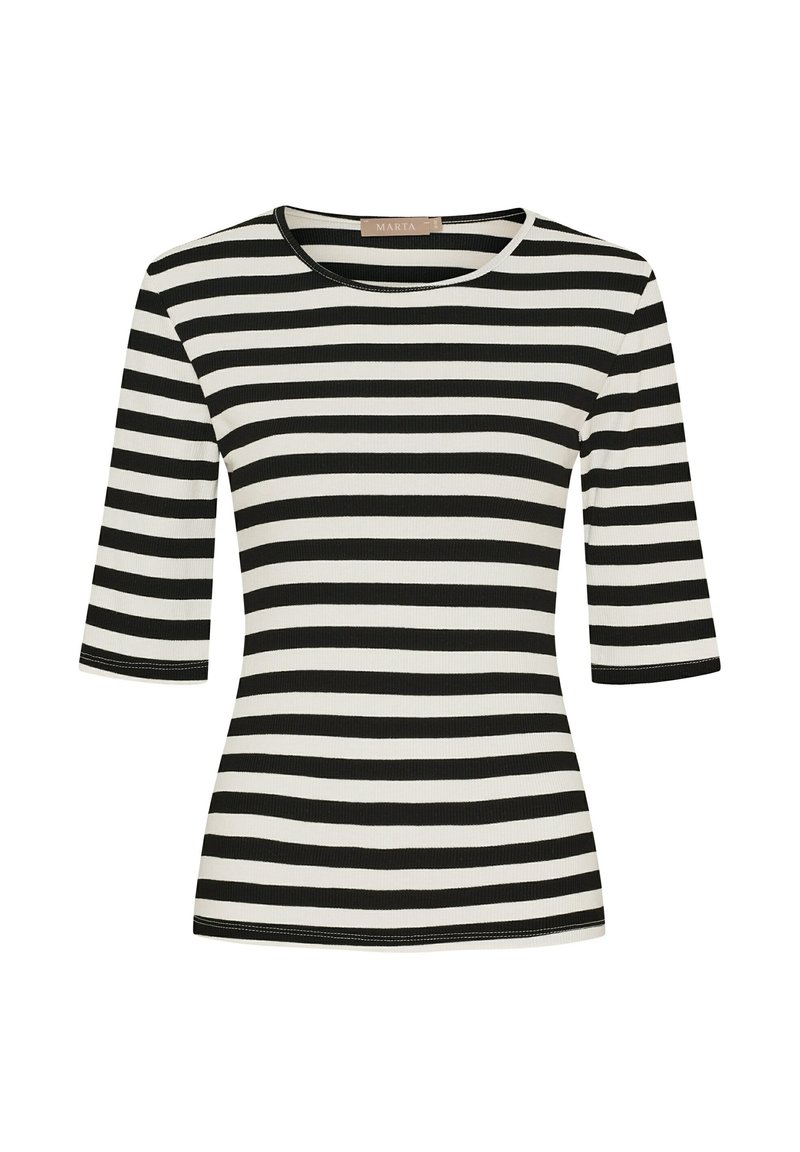 Sort og hvid stribet T-shirt med rund halsudskæring og halvlange ærmer. Lavet af et ribbet stof med synlige syningsdetaljer.