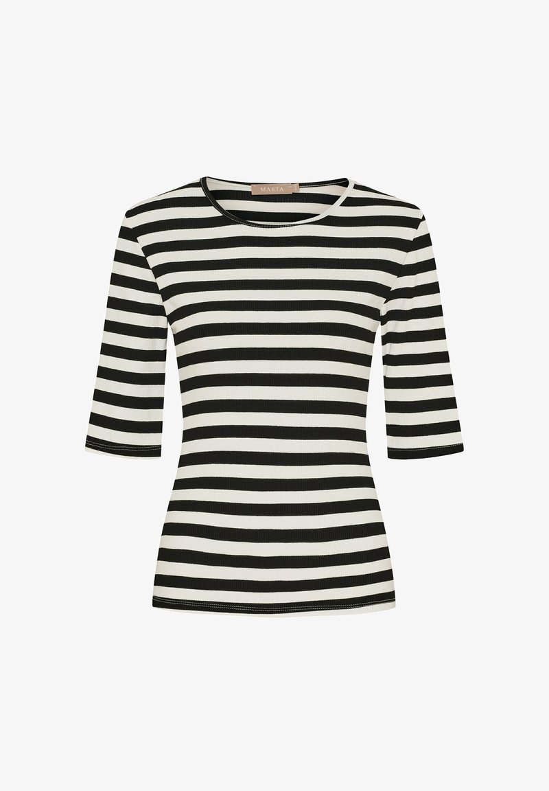 Sort og hvid stribet T-shirt med rund halsudskæring og halvlange ærmer. Lavet af et ribbet stof med synlige syningsdetaljer.