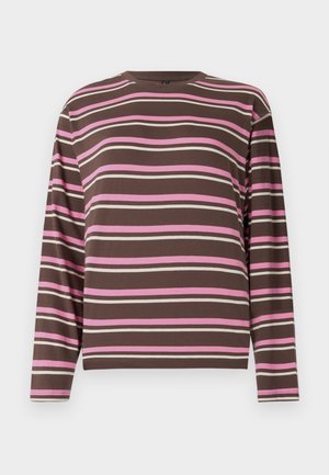 Long-sleeve shirt in brown cotton with pink, cream, and dark brown horizontal stripes; round neckline and straight fit.