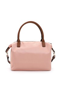 Rosa synthetische Handtasche mit glatter Oberfläche, braunen Lederakzenten, zwei Obergriffen und einem verstellbaren Schultergurt.