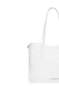 Borsa tote in pelle bianca con superficie liscia, due manici lunghi e chiusura con zip. Presenta un logo discreto sul fronte in basso.