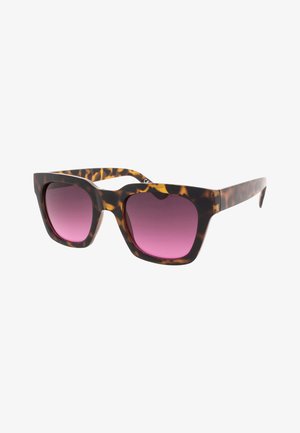 Schildpadbril met een breed rechthoekig montuur, gradient roze lenzen en dikke scharnieren. Kenmerkt zich door opvallende kleurpatronen en een gladde textuur.