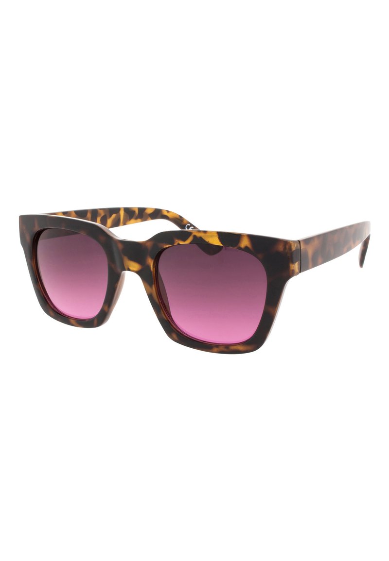 Sunglasses s želvovinovým vzorem, širokým obdélníkovým rámem, gradientními růžovými skly a silnými nohami. Vyznačují se charakteristickými barevnými vzory a hladkým povrchem.