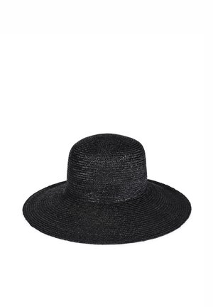 Black straw hat with a wide, flat brim and a rounded crown, featuring a textured woven design.