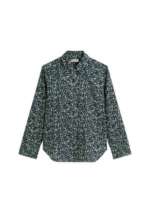 Long-sleeve shirt in navy and light green abstract pattern, collared design, button front, relaxed fit, smooth fabric texture.
