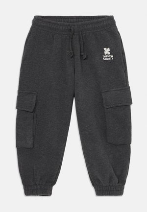 Anglies pilkos spalvos sportinės kelnės su elastine juosmeniu, raišteliu ir dviem šoninėmis kišenėmis. Viršutiniame kairiajame šone yra balta logotipo užrašas.