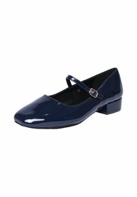 Scarpa Mary Jane in vernice blu navy con punta rotonda, tacco basso e blocco, e cinturino regolabile con dettaglio in oro.