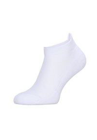 Weiße Knöchelsohle aus weichem, dehnbarem Stoff. Verfügt über einen gerippten Bund, eine glatte Textur und eine nahtlose Zehenpartie für zusätzlichen Komfort und Passgenauigkeit.