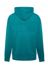 Tealová mikina s kapucňou, vybavená šnúrkou na stiahnutie, rebrovanými manžetami a veľkým potlačou "ekologický dizajn" na chrbte v o niečo tmavšom odtieni.