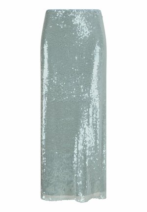 Jupe en sequins vert menthe avec un design élégant et près du corps. Possède une texture lisse avec une surface réfléchissante et scintillante. Coupe mi-longue.