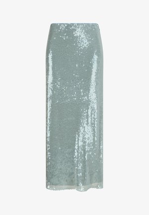 Mintgrüner Paillettenrock mit einem eleganten, figurbetonten Design. Verfügt über eine glatte Textur mit einer schimmernden, reflektierenden Oberfläche. Mittellanger Schnitt.