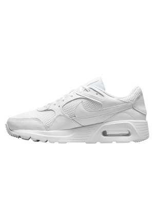 Zapatillas deportivas blancas con parte superior de malla texturizada, acentos de cuero y una unidad de amortiguación de aire visible en la suela. Presenta cordones en contraste.