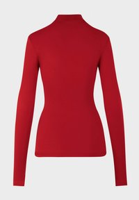 Rode lange mouw top met een slim-fit silhouet, hoge kraag en naadloos ontwerp. De stof is soepel met een lichte stretch, waardoor een slanke vorm benadrukt wordt.