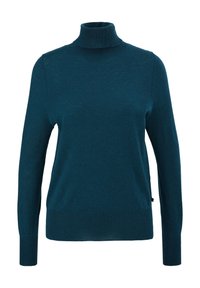 Pull en col roulé teal en tissu doux, doté de manches longues et d'un design ajusté avec finitions à côtes au col et à l'ourlet.