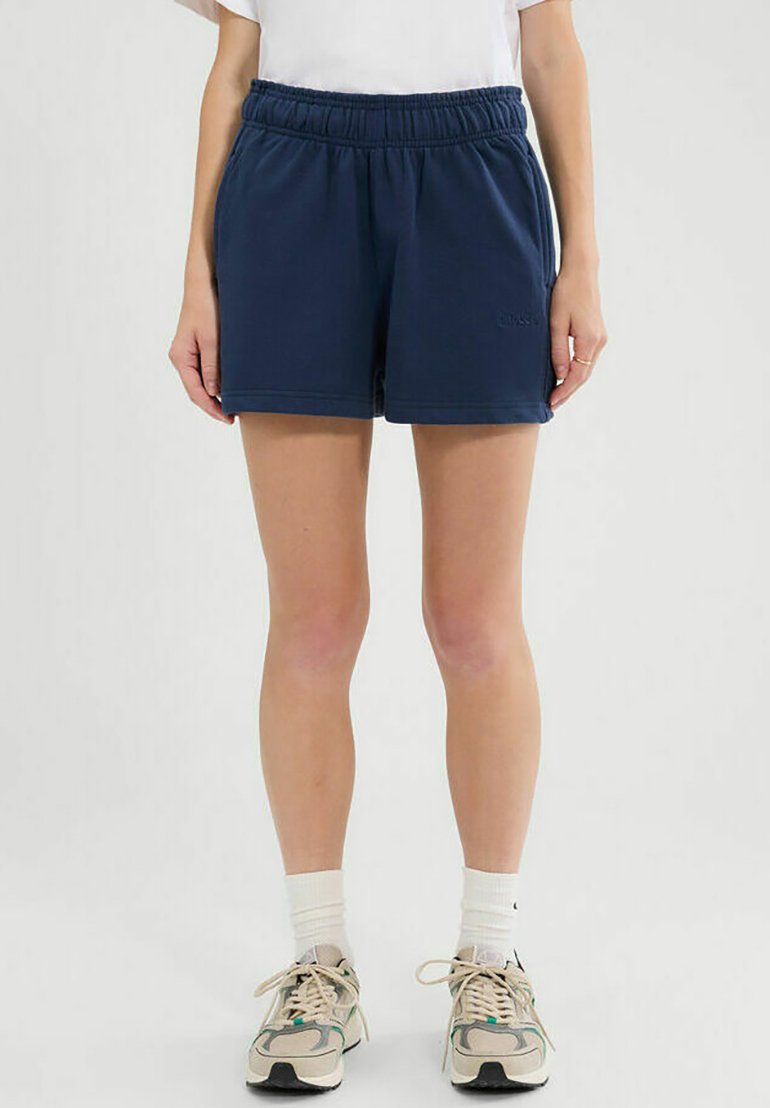 Dunkelblaue Damen-Sportshorts mit elastischem Bund, glatter Textur und Seitentaschen, mit einem kleinen Logo am Saum.