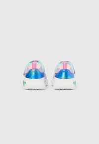 Pair of colorful children's sneakers with purple mesh, blue shiny heel, pink pull tabs, and white soles on a plain background.