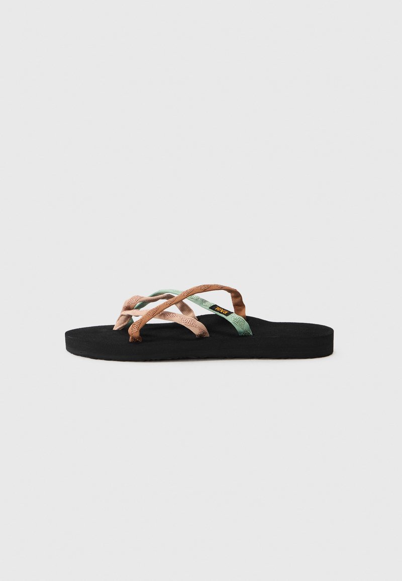 Black flip-flop with three textured straps in beige, green, and brown. Features a flat sole and minimalistic design.