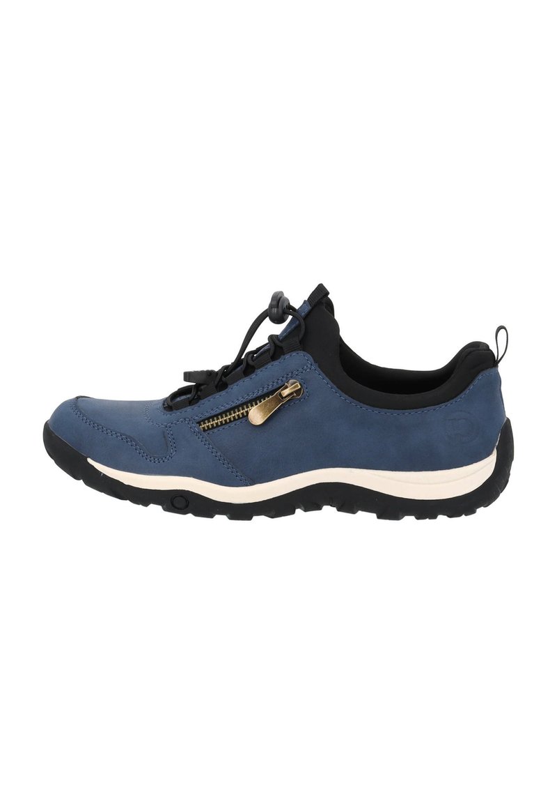 Zapato de cuero azul con acentos negros, que cuenta con un cierre lateral y cordones elásticos. La suela es negra y texturizada para ofrecer agarre.