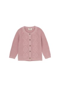 Stickad rosa kofta med en strukturerad mönster, rund halsringning, långa ärmar och fem träknappar fram.