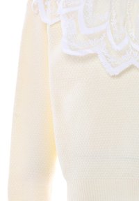 Pullover lavorato a maglia di colore giallo chiaro con tessuto texturizzato, con sovrapposizione in pizzo bianco sul collo e un orlo a costine aderente.