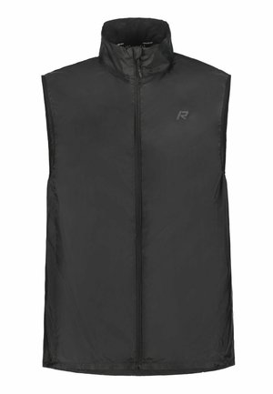 Schwarze, ärmellose Weste mit Reißverschluss, hohem Kragen und dezentem Logo auf der linken Brust, gefertigt aus leichtem, glattem Stoff.