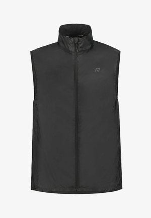 Zwarte mouwloze vest met rits en hoge kraag, voorzien van subtiel logo op de linkerborst, gemaakt van lichtgewicht, gladde stof.