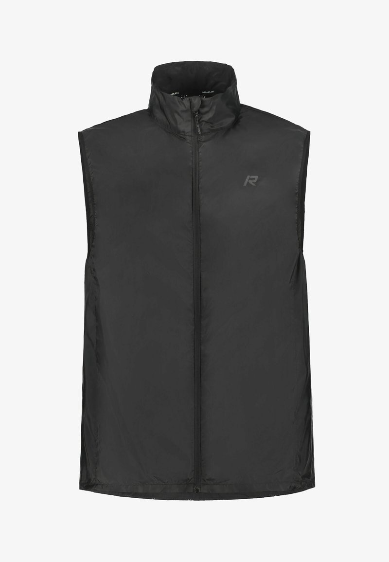 Sort ærmeløs vest med lynlås og høj krave samt diskret logo på venstre bryst, lavet af let og glat stof.