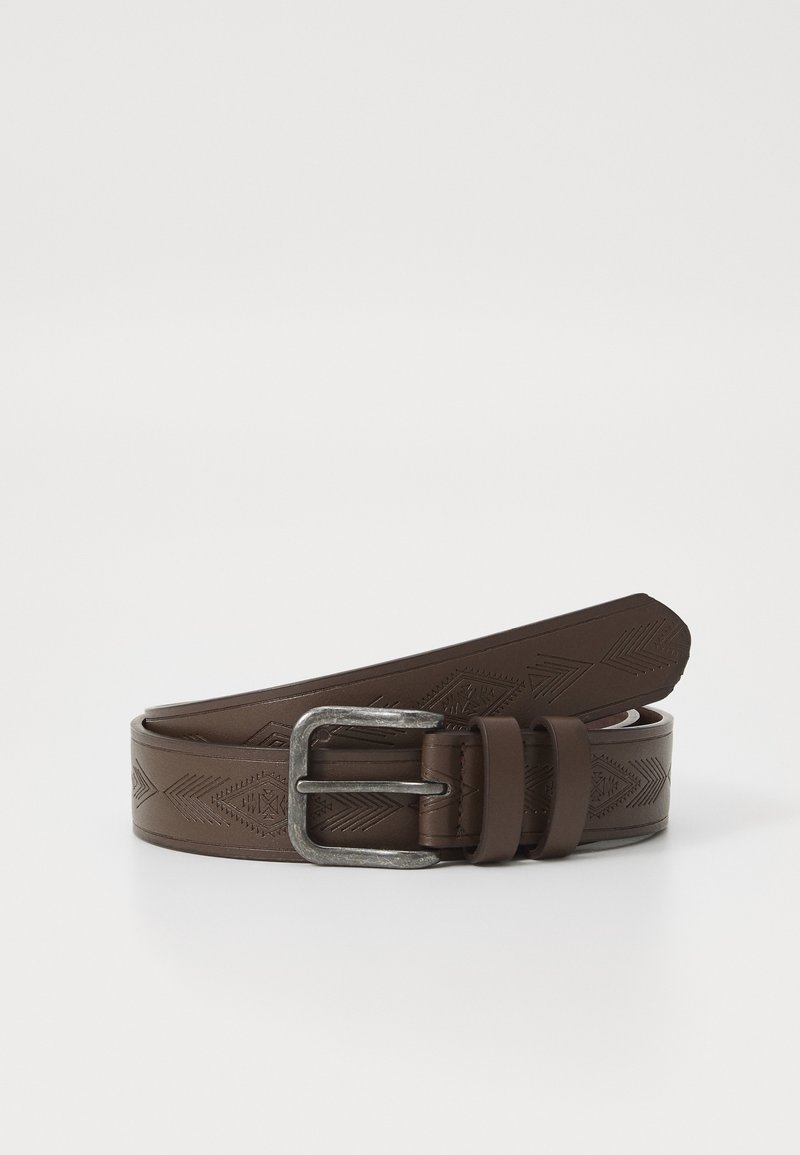 Brown leather belt featuring a textured pattern, a rectangular silver metal buckle, and a smooth finish on the tip and strap.