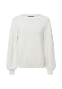 Weißer, langärmeliger Strickpullover mit Rundhalsausschnitt und gepufften Bündchen, auf einem schlichten weißen Hintergrund präsentiert.
