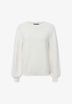 Weißer, langärmeliger Strickpullover mit Rundhalsausschnitt und gepufften Bündchen, auf einem schlichten weißen Hintergrund präsentiert.