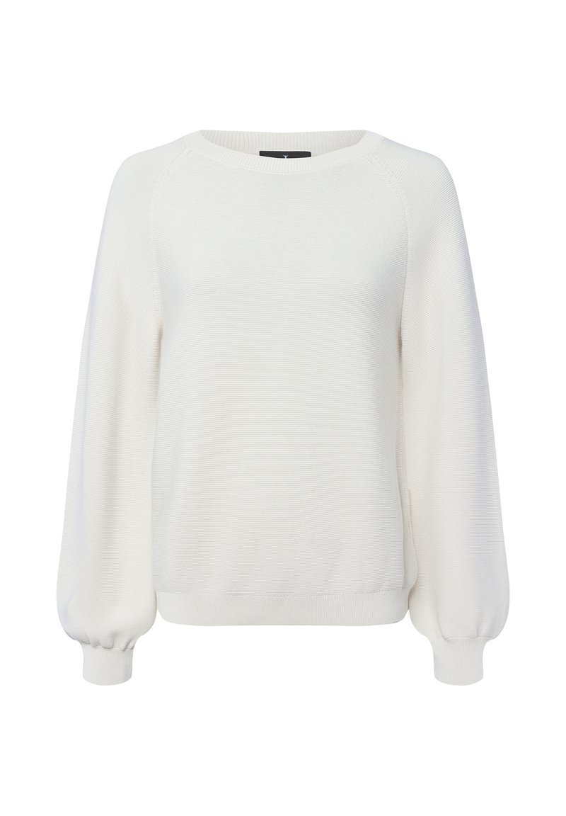 Weißer, langärmeliger Strickpullover mit Rundhalsausschnitt und gepufften Bündchen, auf einem schlichten weißen Hintergrund präsentiert.