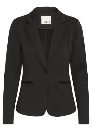 Black blazer with a notched lapel, single button closure, two front pockets, and delicate stitching details on the pockets.