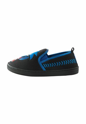 Black slip-on shoe with blue trim, chevron patterns on the sides, and a colorful cartoon design on the toe area.