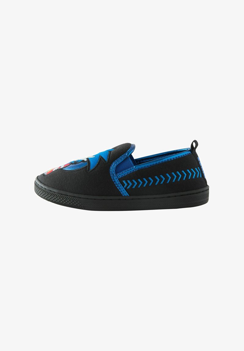 Black slip-on shoe with blue trim, chevron patterns on the sides, and a colorful cartoon design on the toe area.
