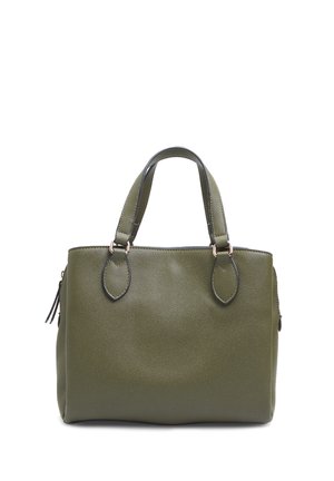Olive green leather handbag with dual handles, textured finish, and contrasting black trim. Features zipper closure and side pockets.