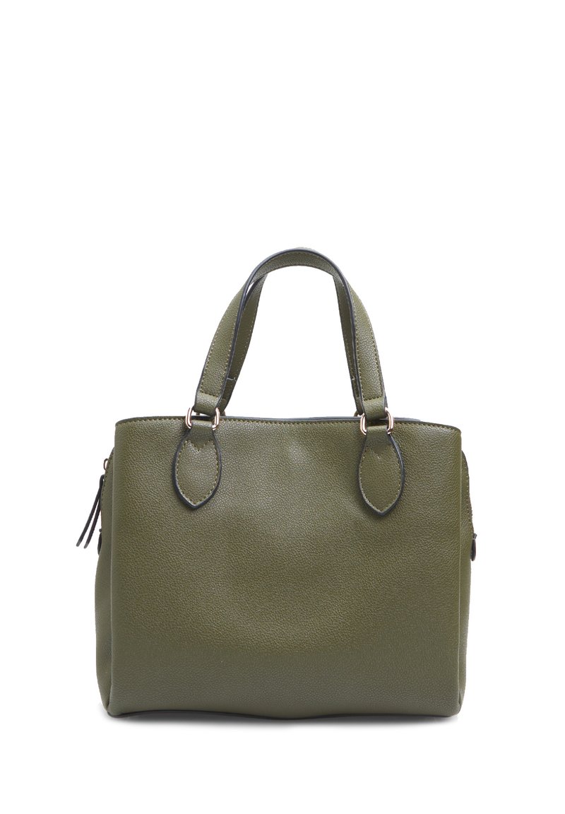 Olijfgroene leren handtas met dubbele handvatten, gestructureerde afwerking en contrasterende zwarte bies. Voorzien van een ritsluiting en zijzakken.