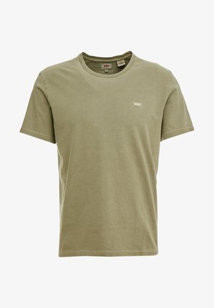 T-shirt kaki à manches courtes et col rond avec un petit patch logo Levi's blanc sur la poitrine gauche, présenté à plat sur fond blanc.