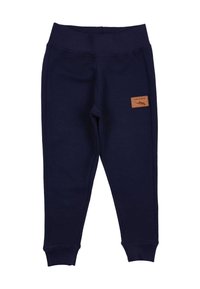 Marineblauwe joggingbroek van zacht materiaal, met een geribde tailleband en boorden, voorzien van een tan leren patch detail.