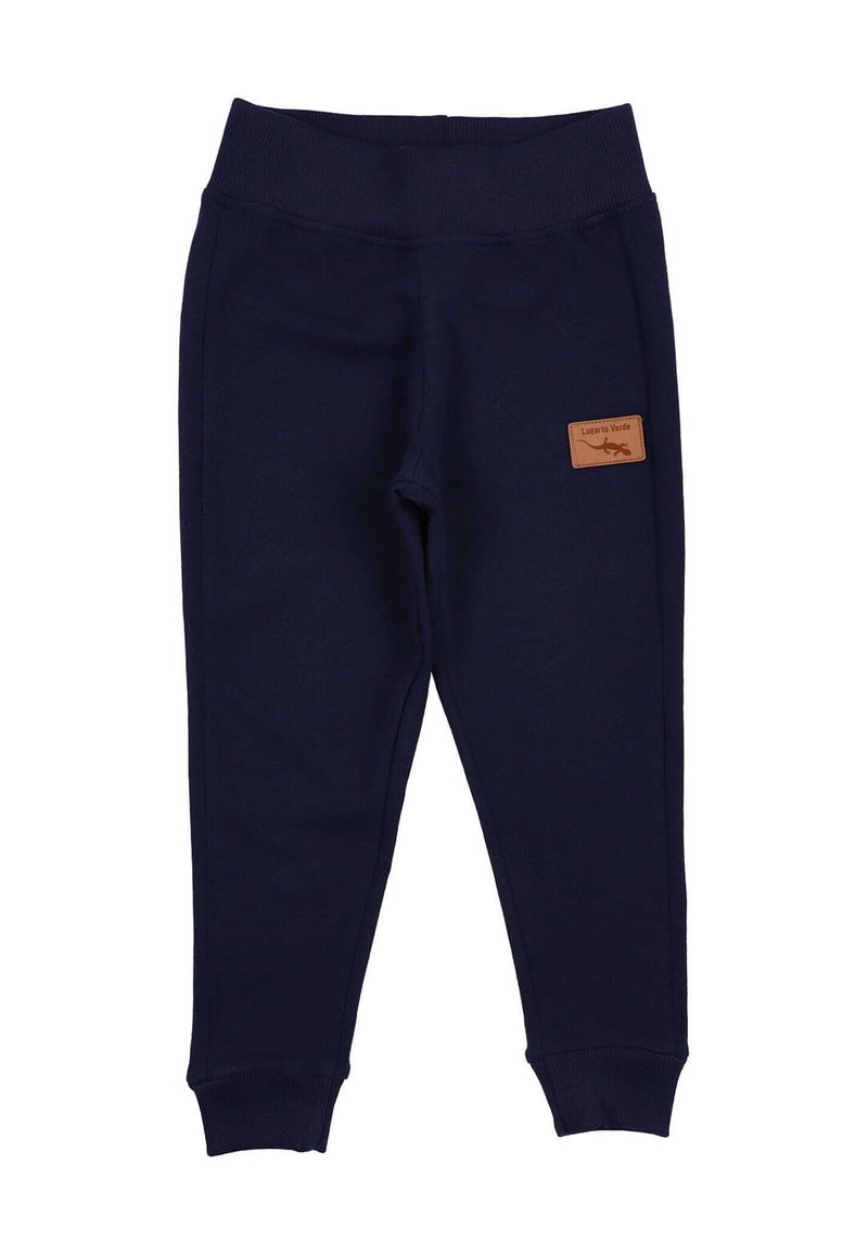 Marineblauwe joggingbroek van zacht materiaal, met een geribde tailleband en boorden, voorzien van een tan leren patch detail.