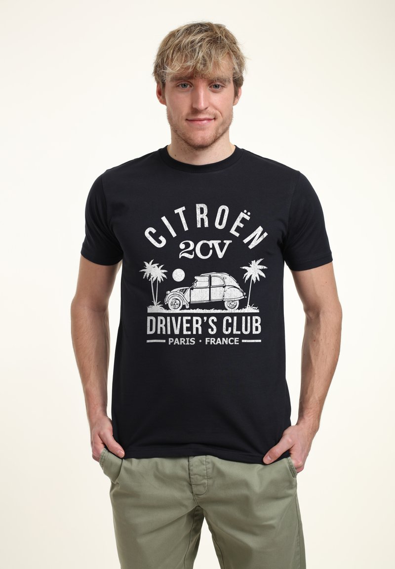 Černé bavlněné tričko se bílou grafikou Citroën auta, palmami a textem "CITROËN 2CV DRIVER'S CLUB PARIS FRANCE."