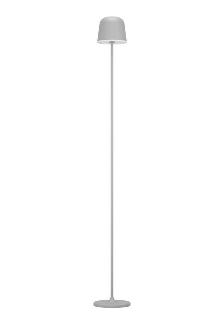 Weiße Stehlampe mit zylindrischem Sockel und abgerundetem, geschütztem Kopf. Sie hat eine glatte Textur und ein minimalistisches Design und steht hoch und schlank.