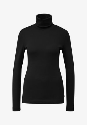 Maglione aderente nero a maniche lunghe con collo alto e design senza cuciture, esposto su uno sfondo bianco.