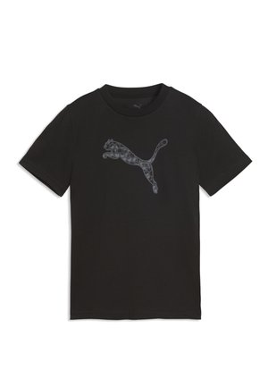 Sort t-shirt med korte ærmer med et stort, mønstret Puma-kat logo midt på brystet.