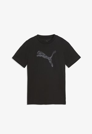 Sort t-shirt med korte ærmer med et stort, mønstret Puma-kat logo midt på brystet.