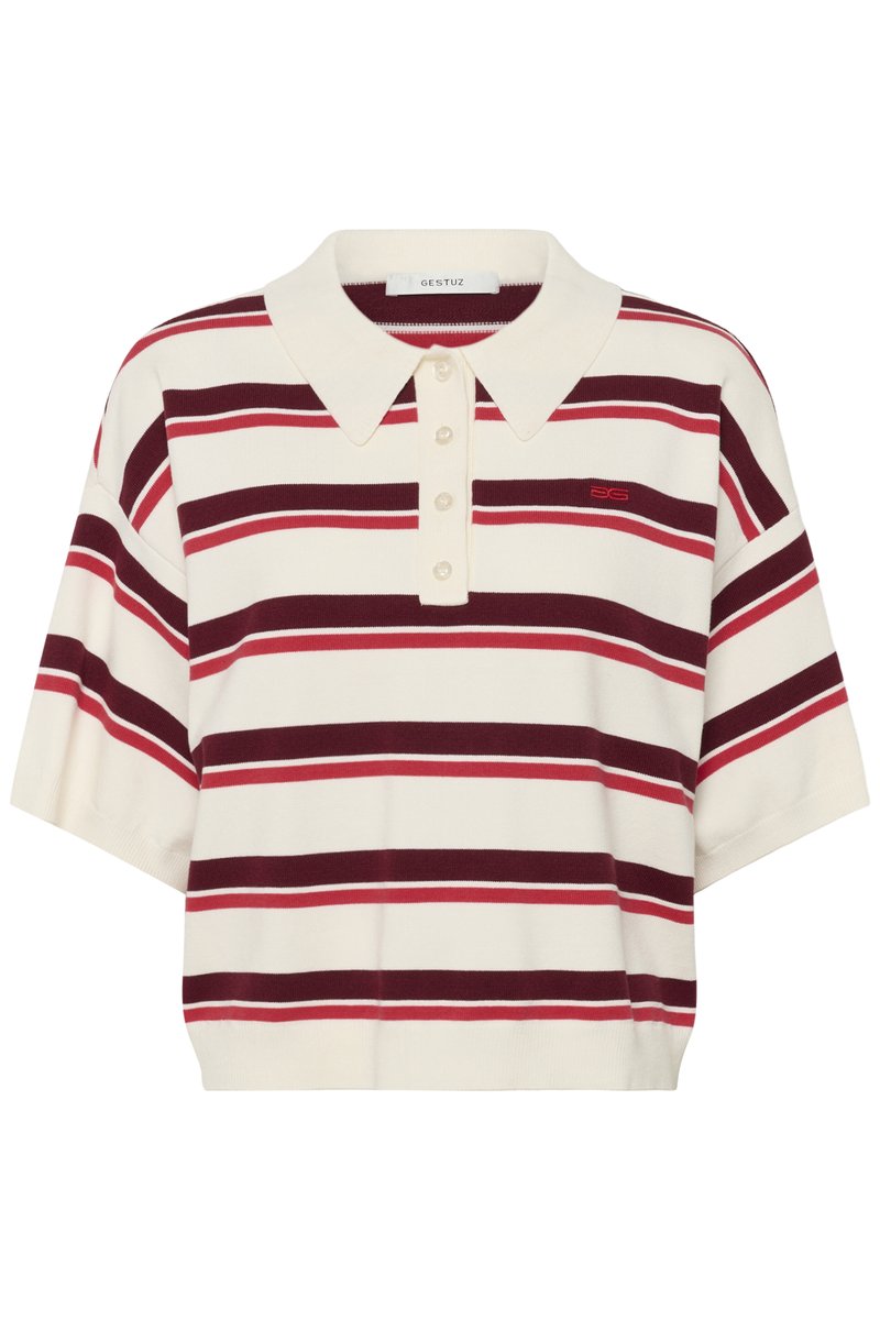 Short-sleeve knitted polo shirt with wide collar, cream base, and horizontal burgundy and red stripes, featuring four front buttons.